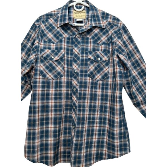 Wrangler Western Button Down Tshirt Womens Large Blue Plaid Pearl Snap Cowgirl - Picture 12 of 16